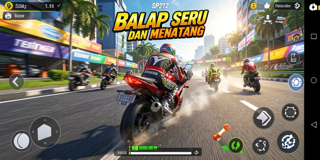 Screenshot gameplay SP212 yang menampilkan aksi balapan motor yang mendebarkan.